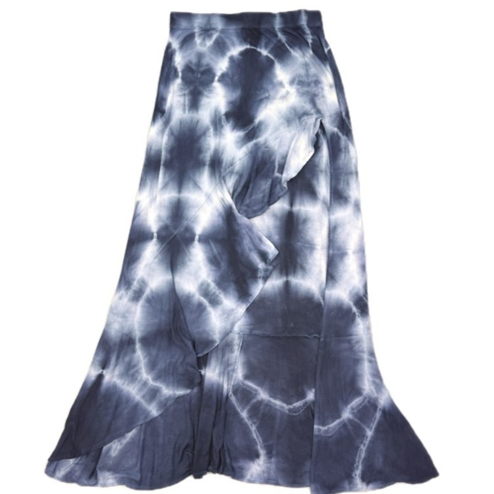 Navy Blue Tie Dye Ribbed Knit Maxi Skirt High Slit Ruffle Front Boho Summer